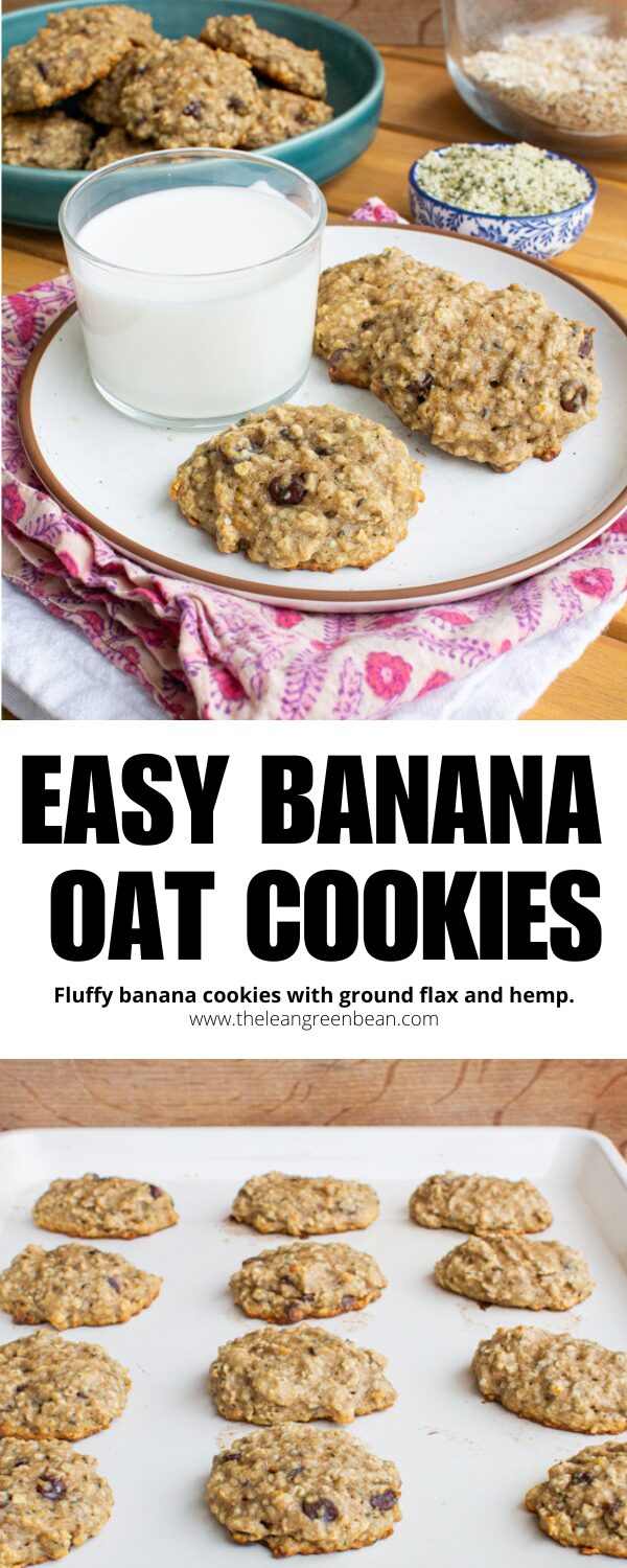 These banana oat cookies and fluffy and delicious - like banana muffin tops. They're packed with hemp and flax and perfect for breakfast or snack time.