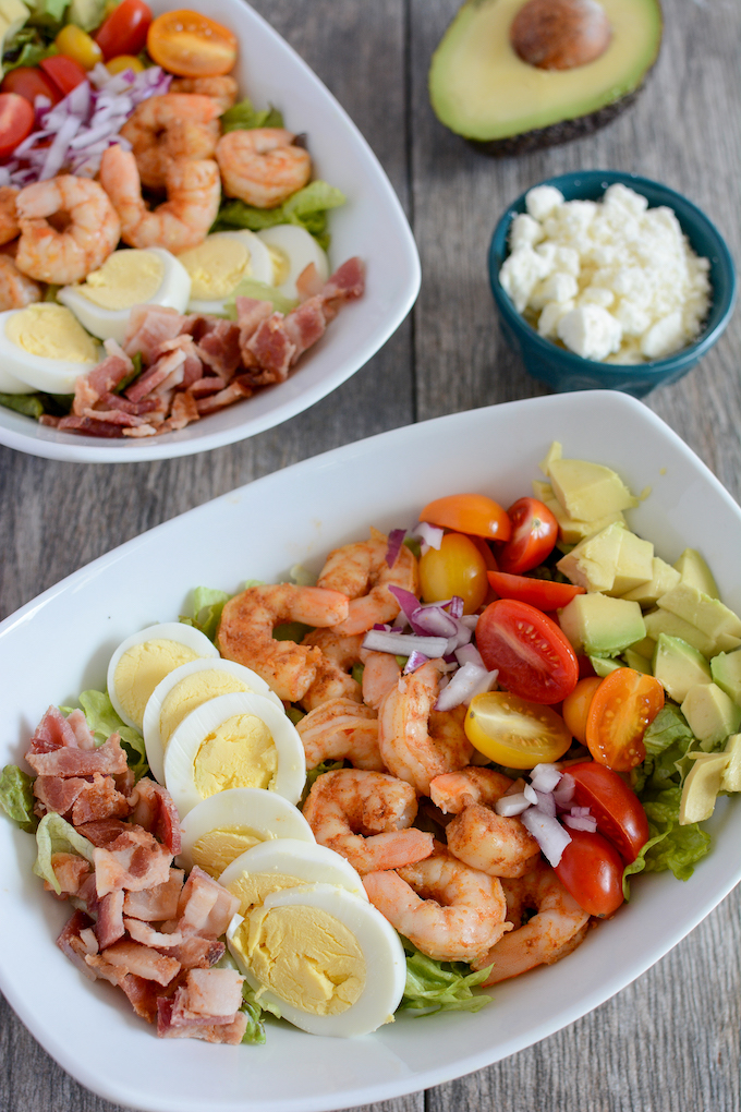 healthy shrimp cobb salad with avocado and hard boiled egg