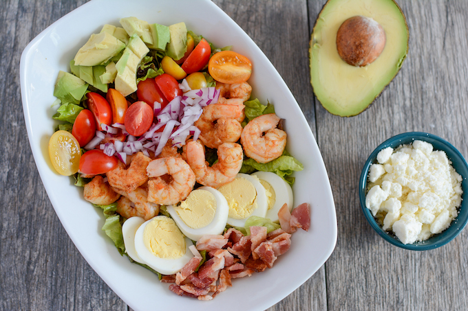healthy shrimp cobb salad with avocado and feta
