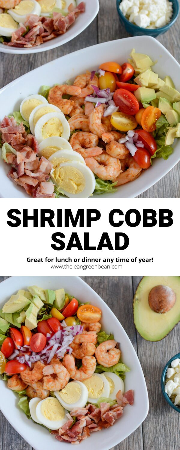This Shrimp Cobb Salad comes together quickly and is perfect for a fresh, healthy lunch or dinner! Customize the toppings to your liking and top with a light vinaigrette. 