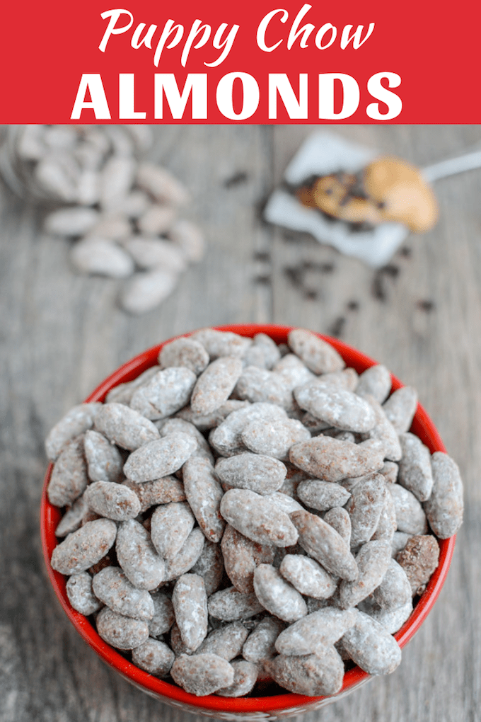 Puppy Chow Almonds 8 These Puppy Chow Almonds are a fun twist on a classic treat. The nuts add an extra boost of protein and healthy fats, making it perfect for a special snack or dessert!