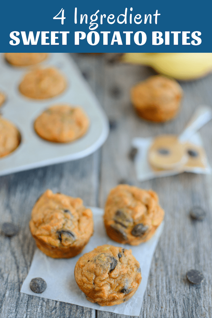 These gluten-free Sweet Potato Banana Muffins or Sweet Potato Banana Bites have just four main ingredients and make a great snack for both kids and adults! 