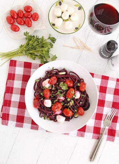 winter caprese with beet noodles