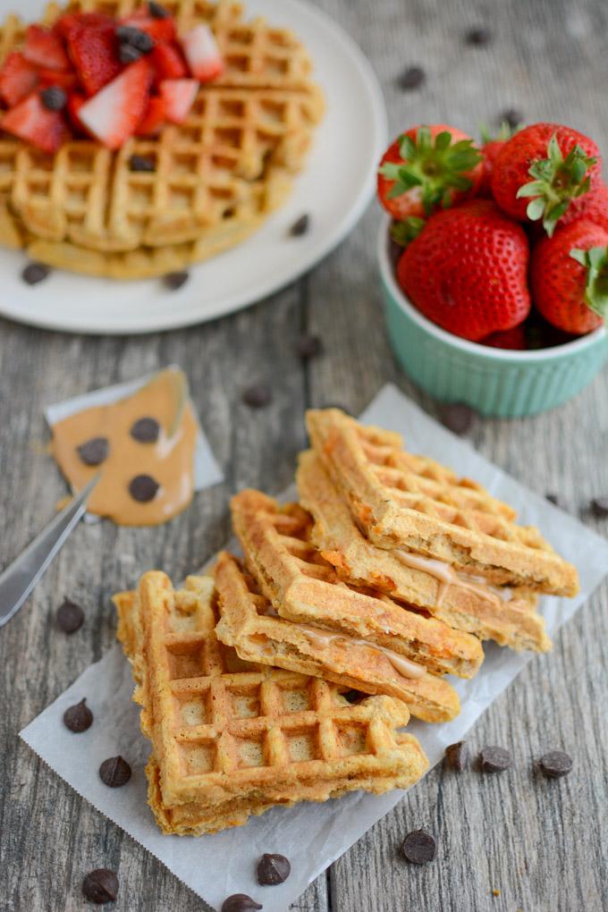 Sweet Potato Waffles with chocolate chips and fresh strawberries