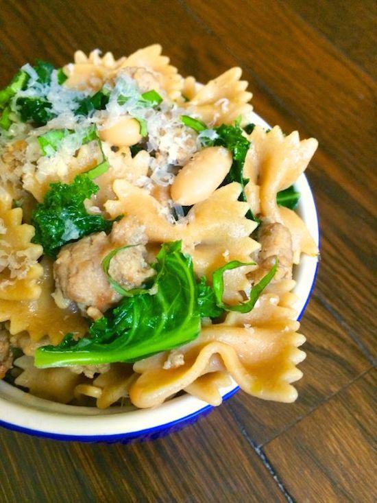 bowtie pasta with sausage, white beans and kale