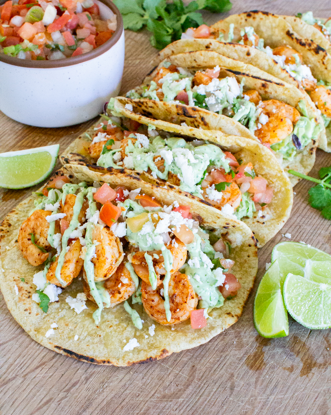 spicy shrimp tacos with avocado crema