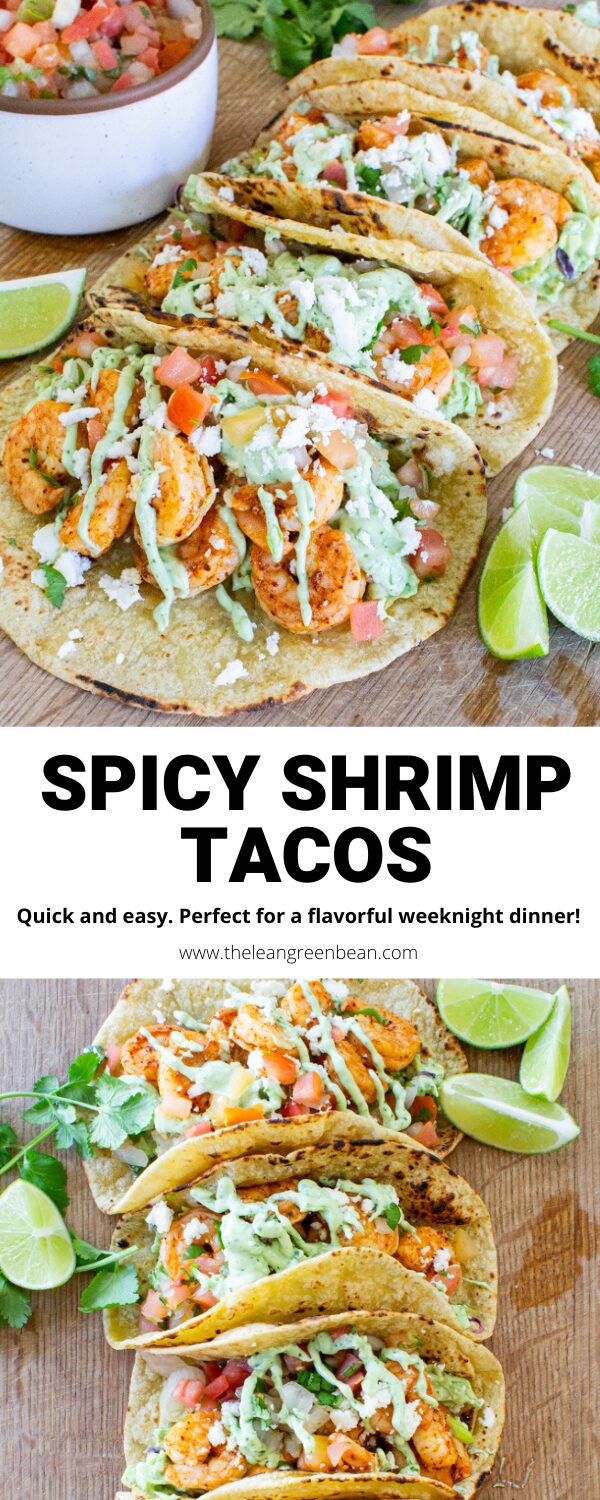 Try these spicy shrimp tacos for a quick weeknight dinner. Full of spicy shrimp, cabbage slaw and a flavorful avocado cilantro sauce, this recipe works for tacos, bowls and more!