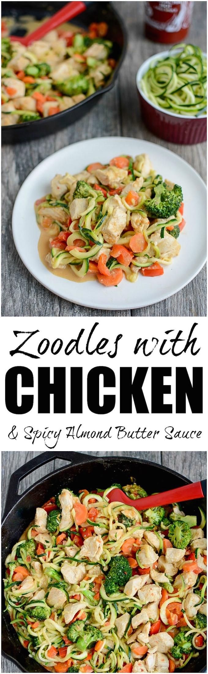 This&nbsp;recipe for Zoodles with Chicken and Spicy Almond Butter Sauce is low-carb, high in protein and makes veggies flavorful and fun to eat!