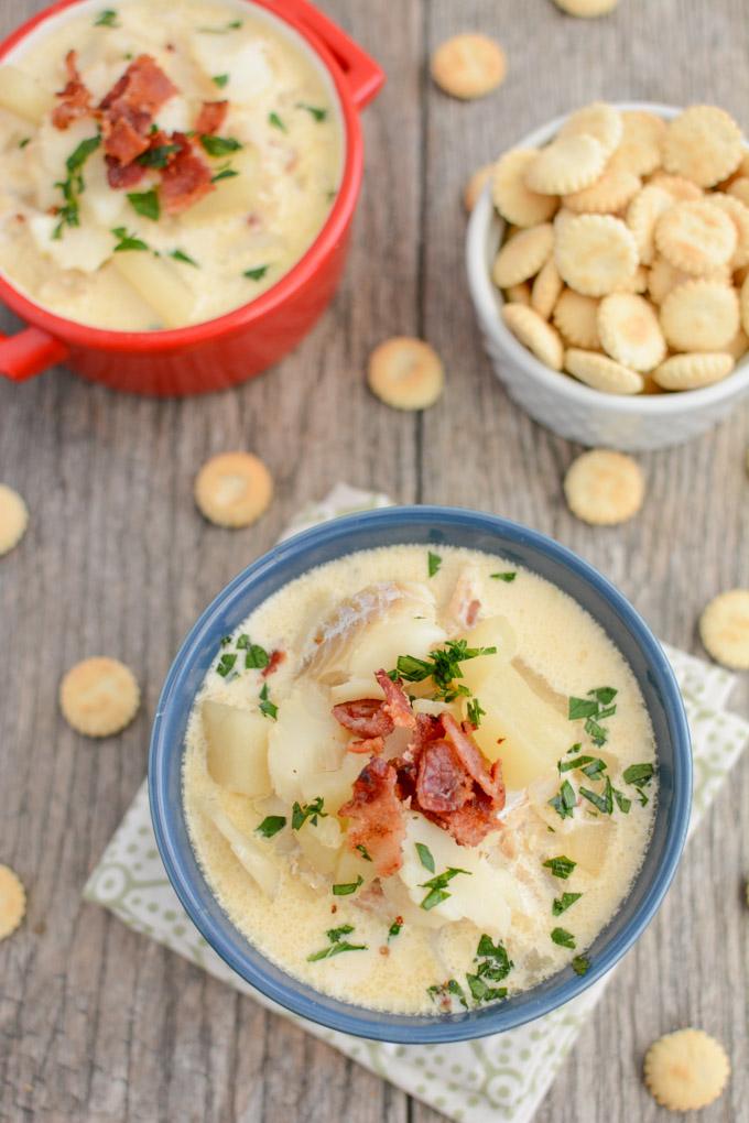 potato and fish chowder with bacon