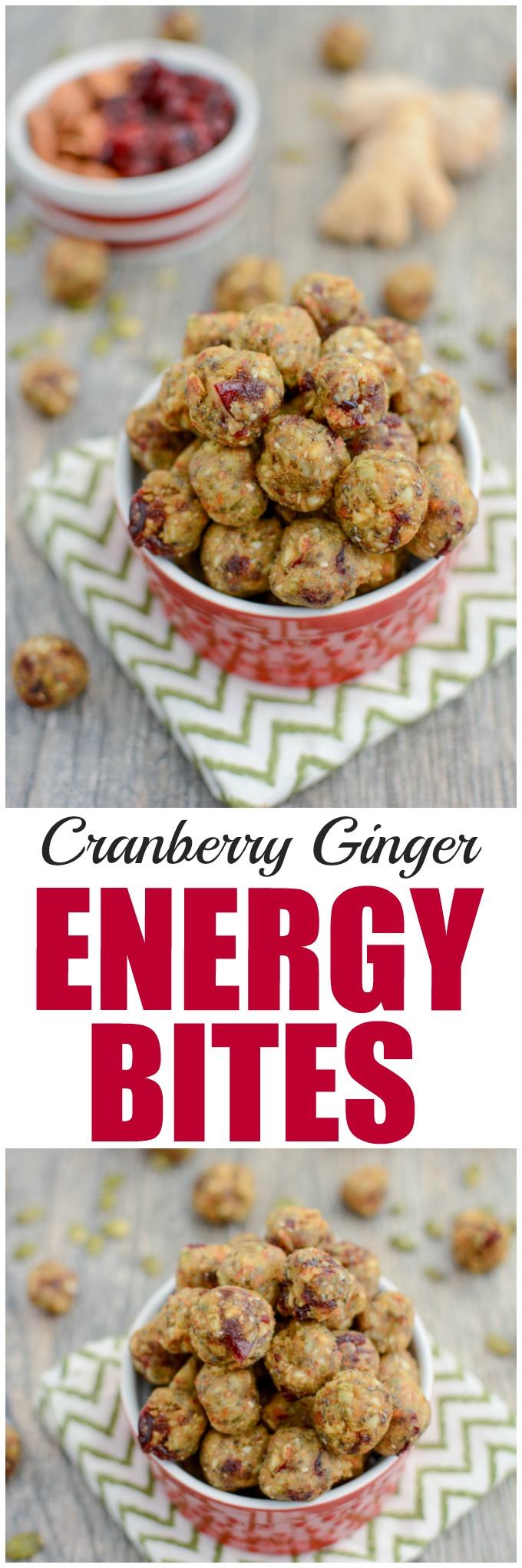 Cranberry Ginger Energy Bites 6 These Cranberry Ginger Energy Bites are the perfect healthy snack to power you through until lunch or dinner! Make them mini and enjoy a few when you need an energy boost!