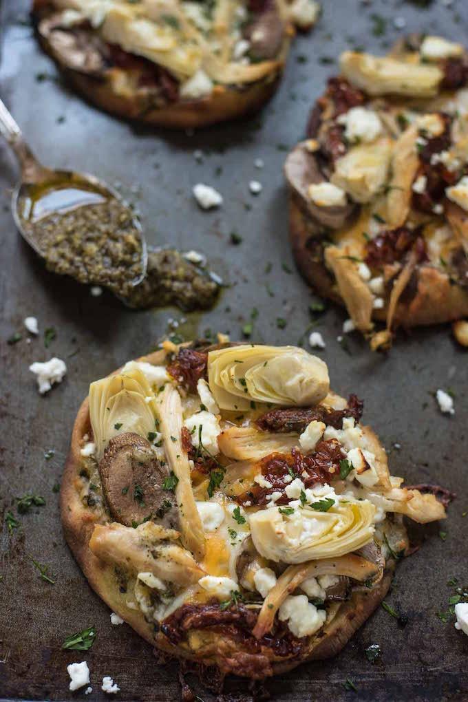 chicken pesto artichoke naan pizza