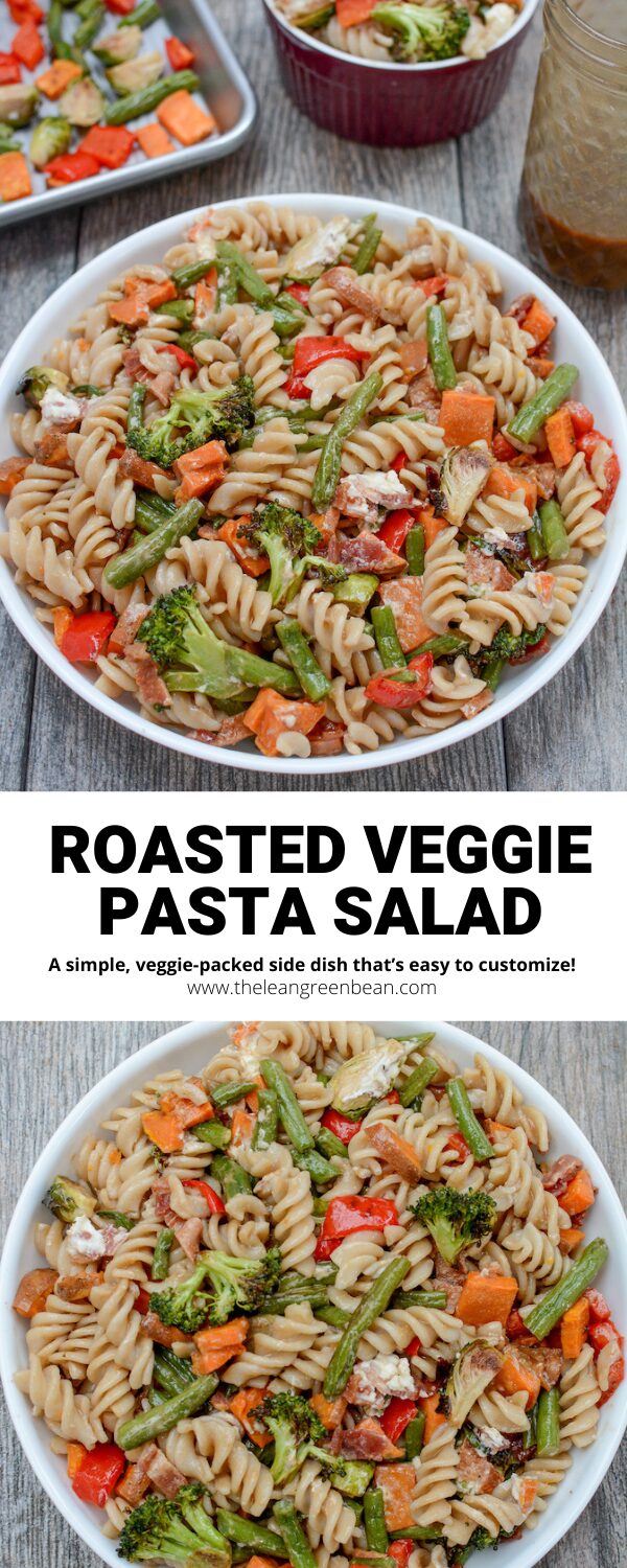 This Roasted Vegetable Pasta Salad is a simple, healthy side dish recipe. Choose your favorite veggies, then add some bacon, goat cheese and an easy balsamic dressing.