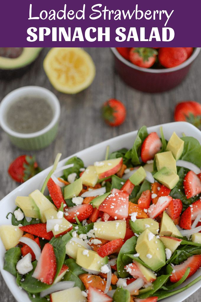 This Loaded Strawberry Spinach Salad is a summer favorite. Serve it as a side dish or add some protein and make it an easy lunch or dinner.&nbsp;
