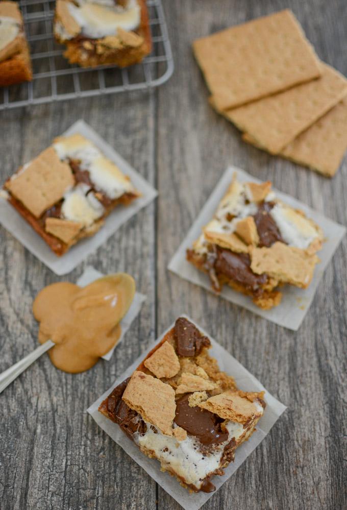 Easy Peanut Butter S'mores Bars 6 Peanut Butter S'mores Bars with a spoonful of peanut butter