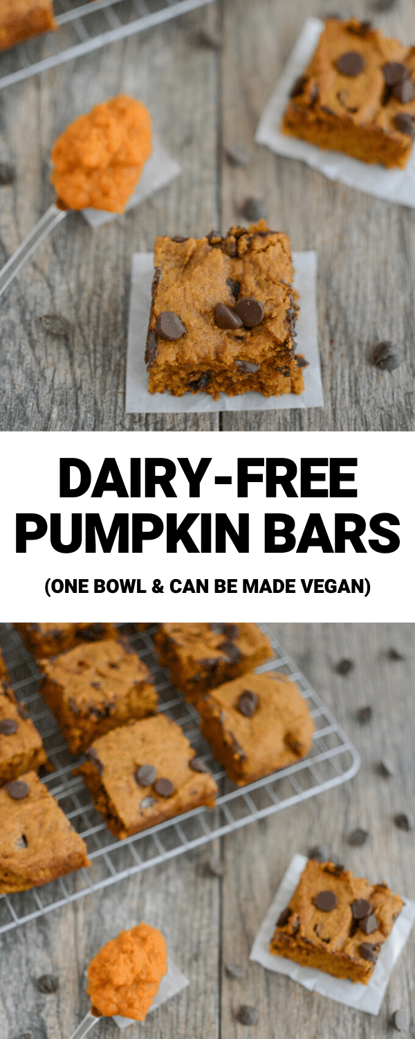 These Dairy-free Pumpkin Bars are so easy to whip up for a snack or dessert! They require just one bowl and one measuring cup!&nbsp;