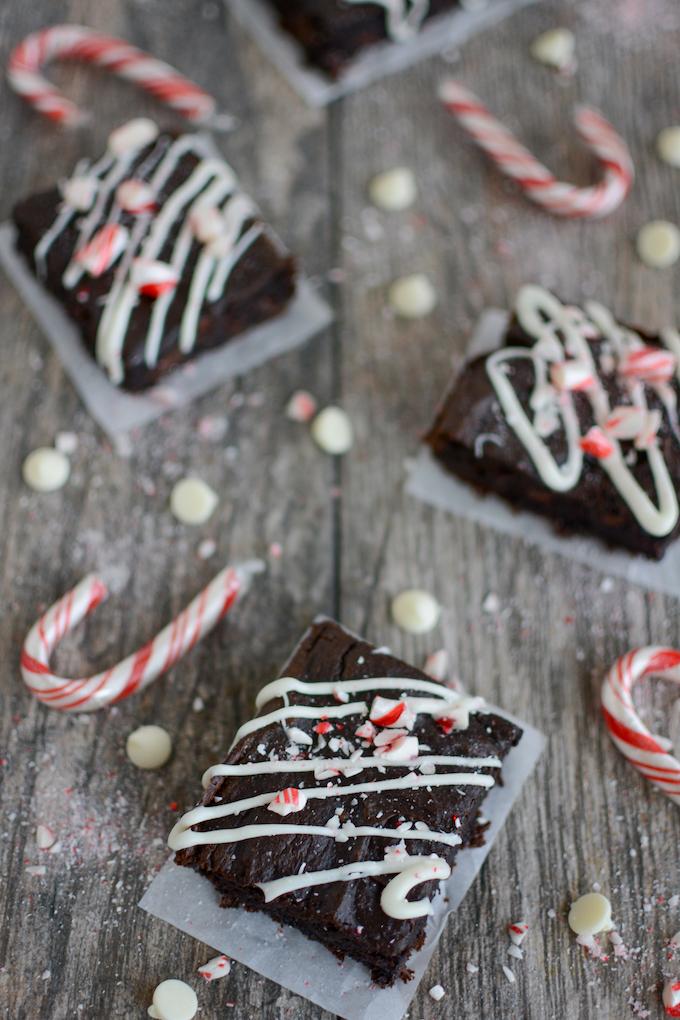 Peppermint Sweet Potato Brownies 5 Peppermint Sweet Potato Brownies - topped with white chocolate drizzle and crushed candy canes
