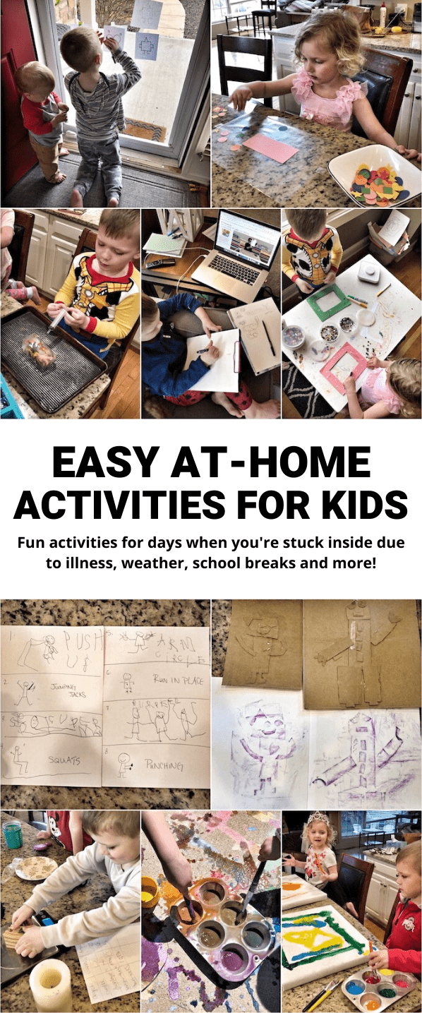 Here are 35+ At-Home Activities For Kids!&nbsp; These simple ideas are great for when you're stuck at home due to illness, weather, or a break from school. Most can be modified for a wide range of ages.