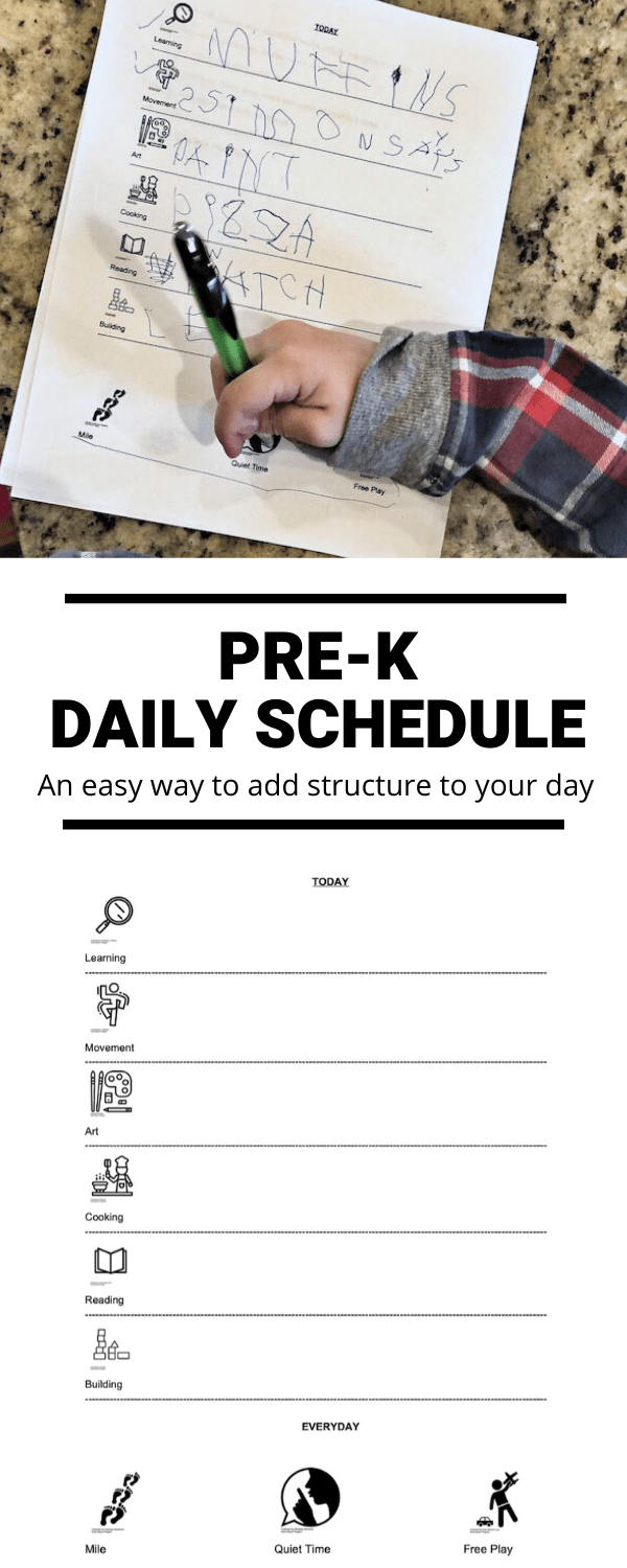 This Pre-Kindergarten Daily Schedule is an easy way to plan your day. Let your child choose an activity in each category and practice writing it if they can!&nbsp;