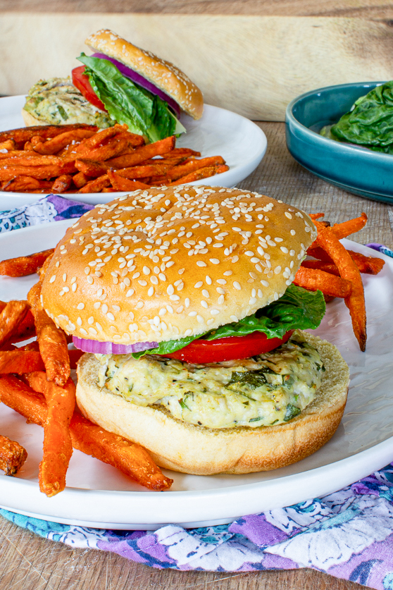 healthy avocado chicken burgers with sweet potato fries