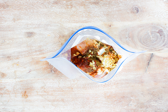 ingredients for Greek yogurt chicken marinade in ziploc bag