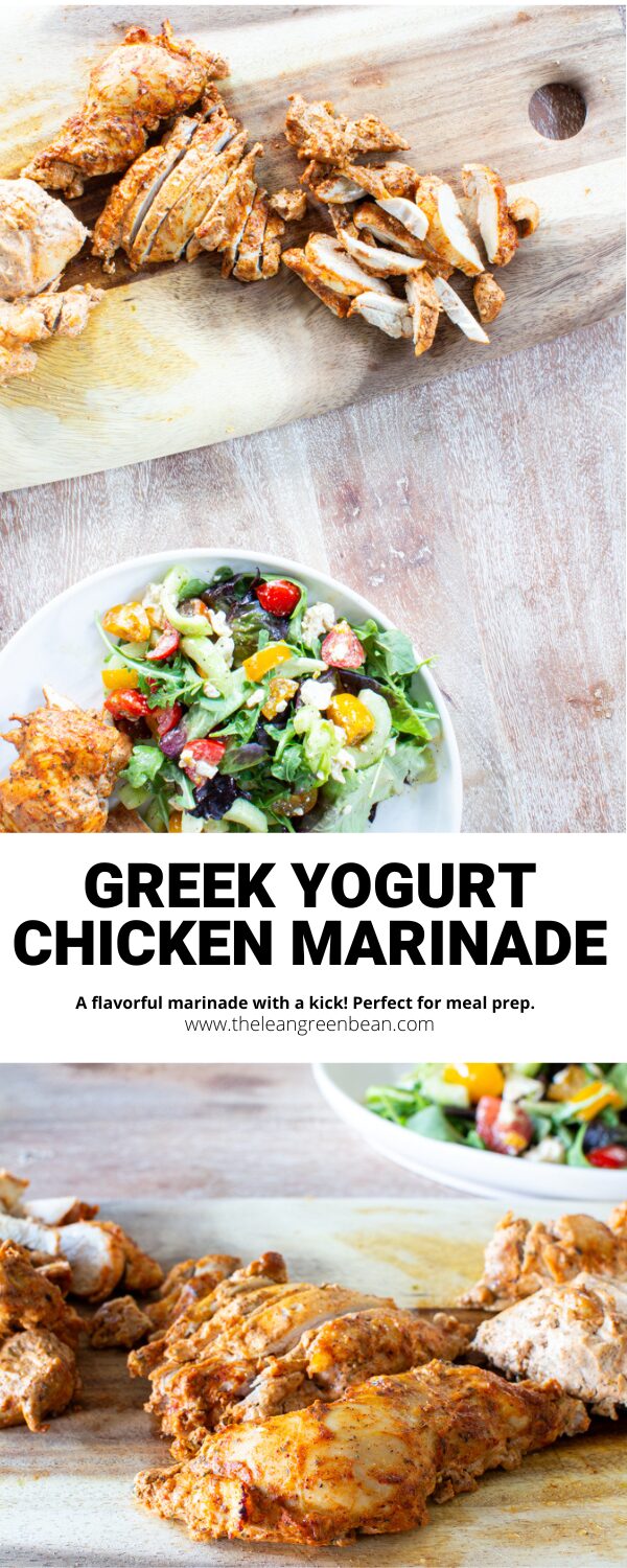 This Spicy Greek Yogurt Marinated Chicken is so moist and flavorful. Prep it ahead of time and then throw it on a sheet pan in the oven or toss it on the grill for a quick, healthy dinner.