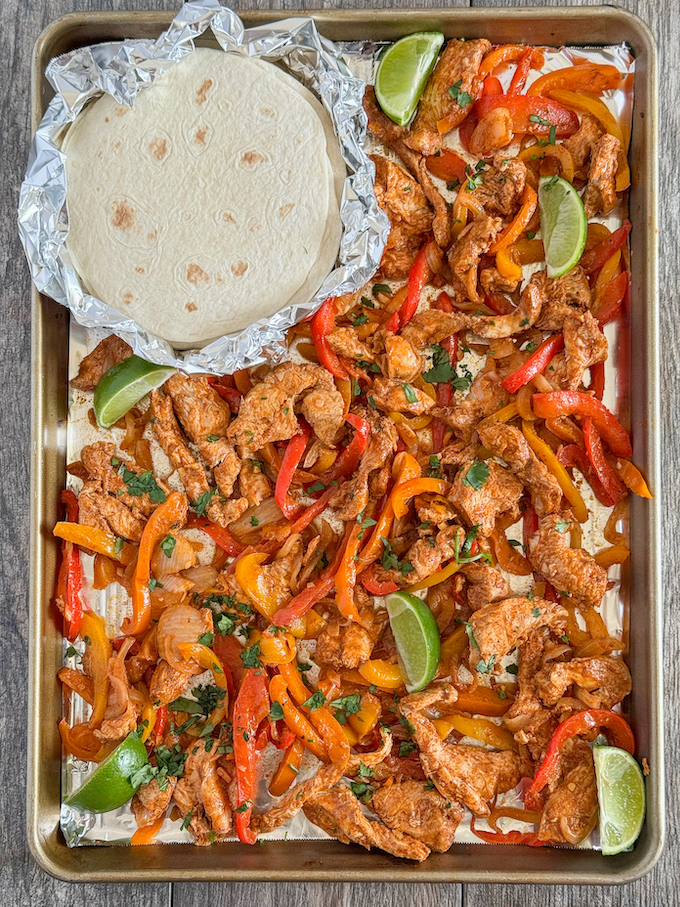 sheet pan chicken fajitas with tortillas