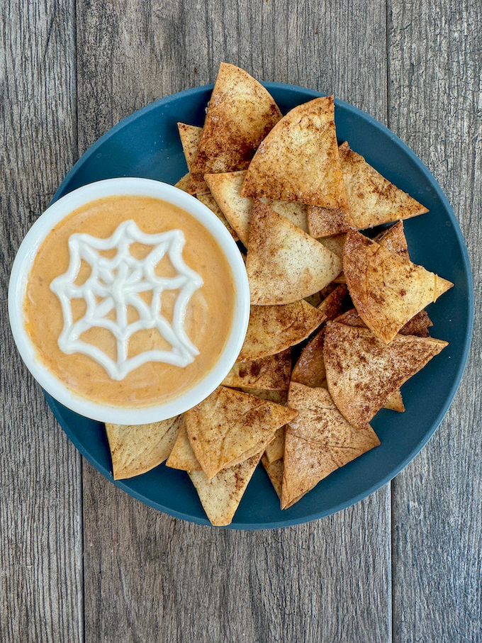 pumpkin yogurt dip with cinnamon and sugar tortilla chips