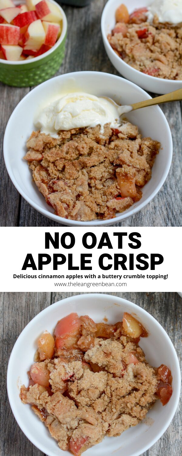 This apple crisp without oats is the perfect fall dessert! Delicious cinnamon apples with a buttery crumble topping. 