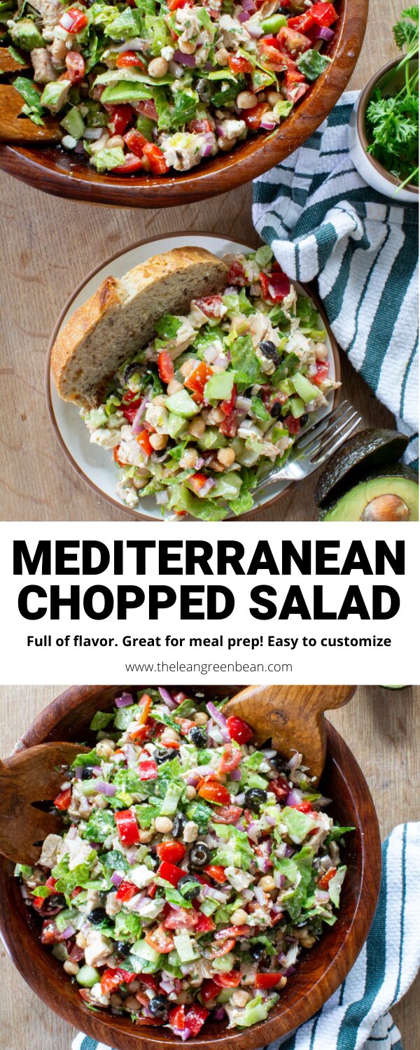 This Mediterranean Chopped Salad is perfect for lunch or dinner and a great way to repurpose leftover chicken! Let the veggies marinate and toss with lettuce just before serving!