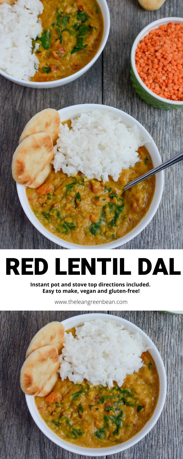 This Instant pot red lentil dal can also be made on the stove top. It's an easy vegan dinner recipe that's full of flavor. Serve with a side of rice, naan and a side salad!