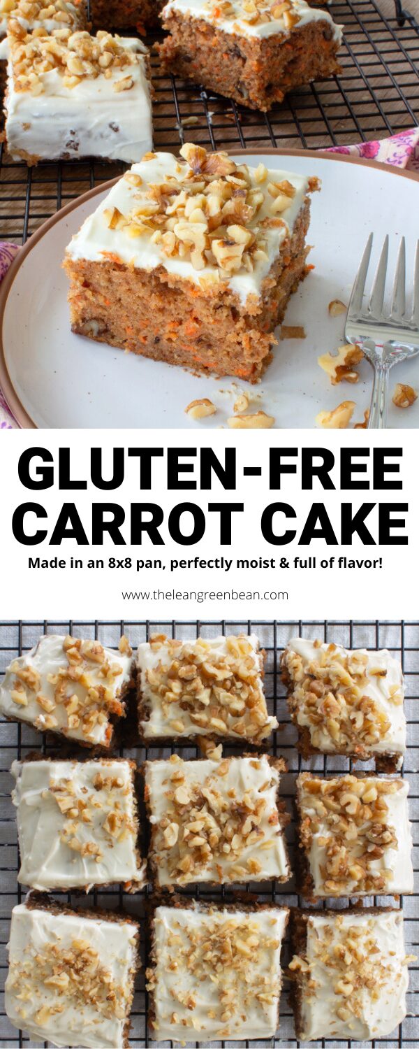 This gluten-free carrot cake makes the perfect dessert. Made in an 8x8 pan, it's perfectly moist and full of flavor. 