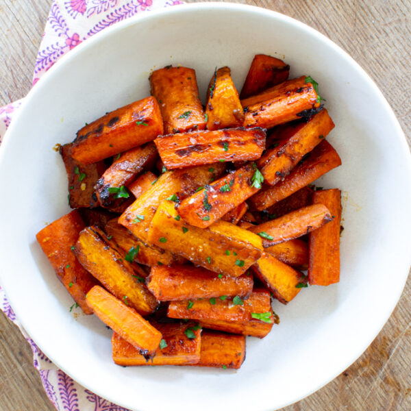 bowl of oven roasted maple glazed carrots