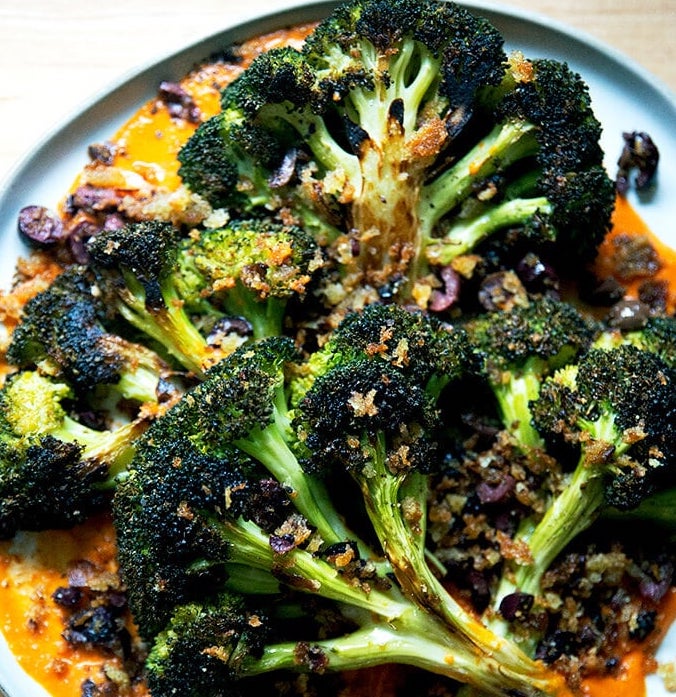 easy roasted broccoli steaks with tomato sauce