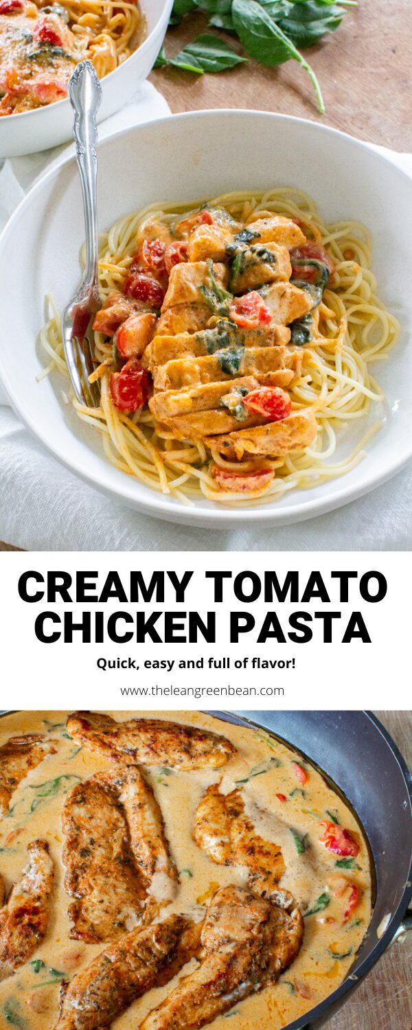 This creamy tomato chicken pasta recipe makes the best dinner. Juicy chicken breast paired with a flavorful sauce and your favorite pasta is fancy enough for date night but easy enough for a quick weeknight meal.