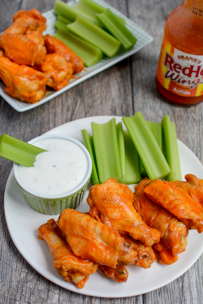 air fryer buffalo chicken wings with celery and blue cheese