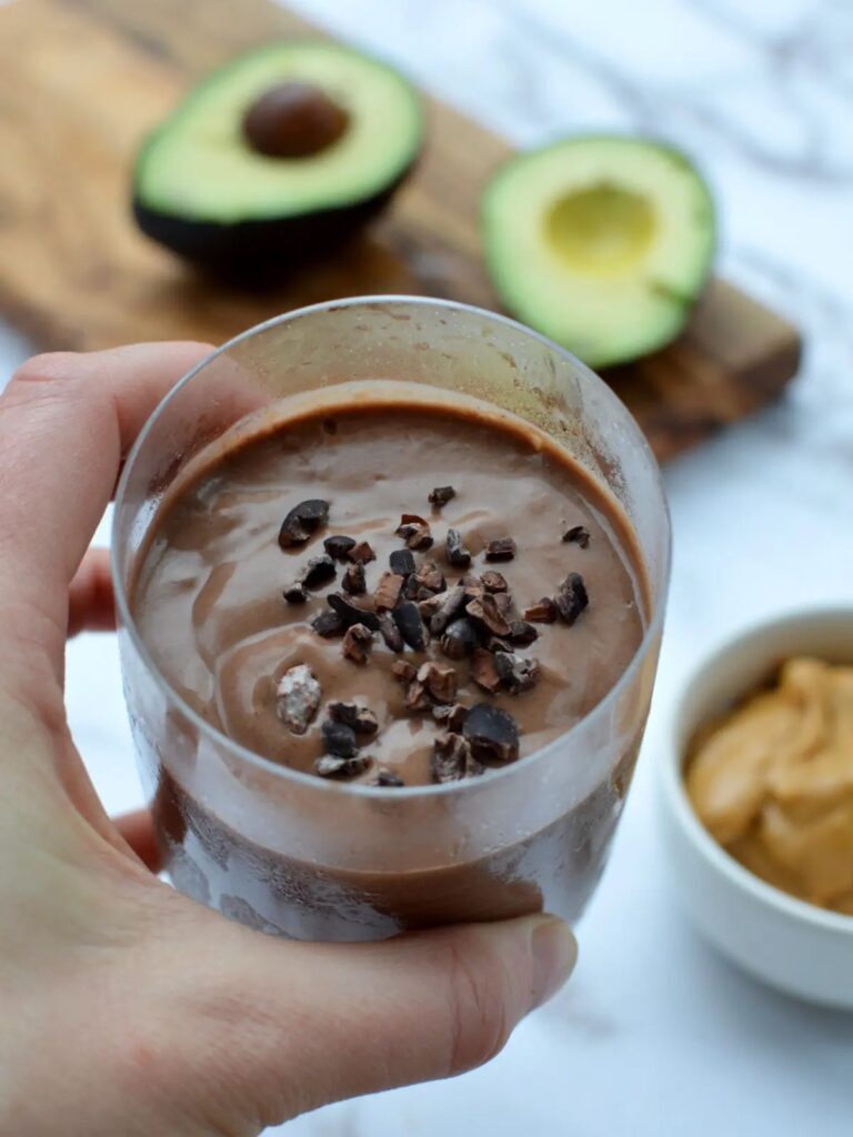 peanut butter avocado chocolate smoothie with cottage cheese
