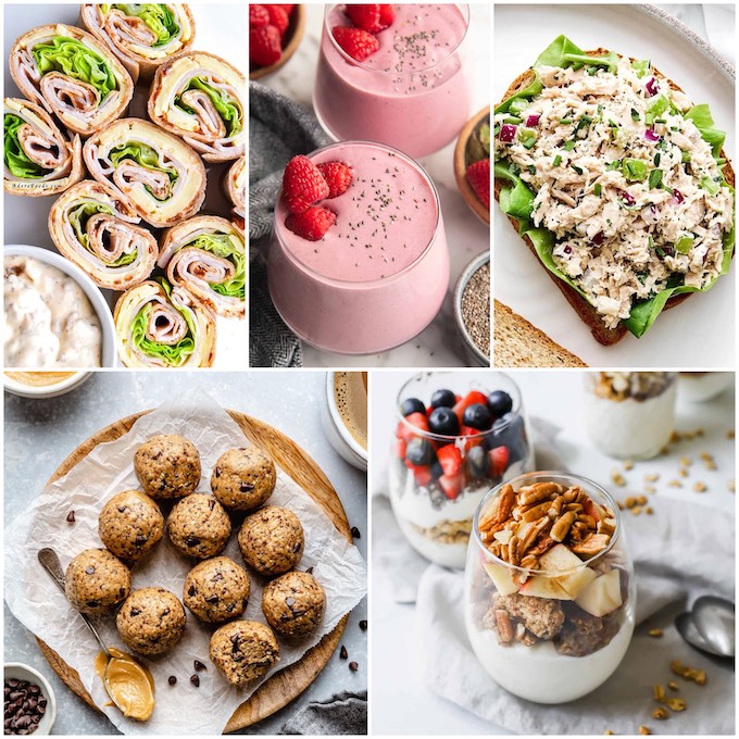 5 minute protein snacks - turkey rollups, smoothie, tuna salad, energy bites, yogurt parfait