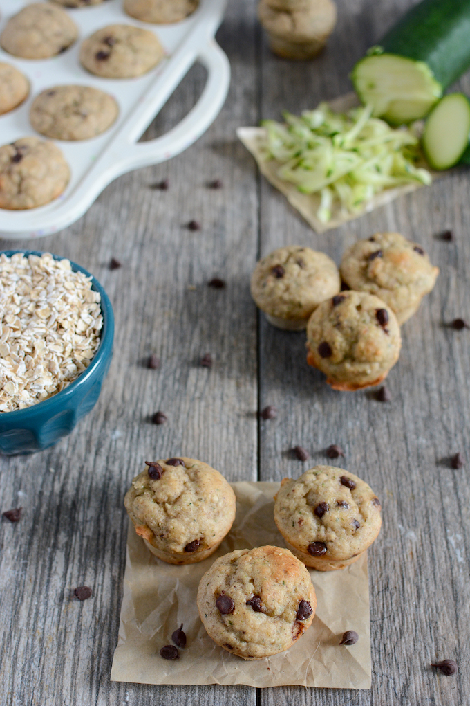 healthy oatmeal chocolate chip mini muffins with zucchini