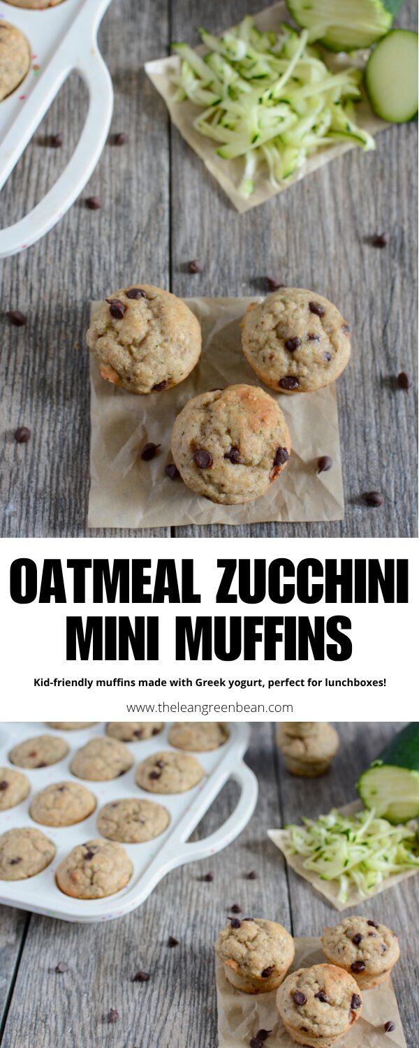 These Healthy Oatmeal Chocolate Chip Mini Muffins are made with Greek yogurt and oats for protein and fiber and even sneak in some zucchini!